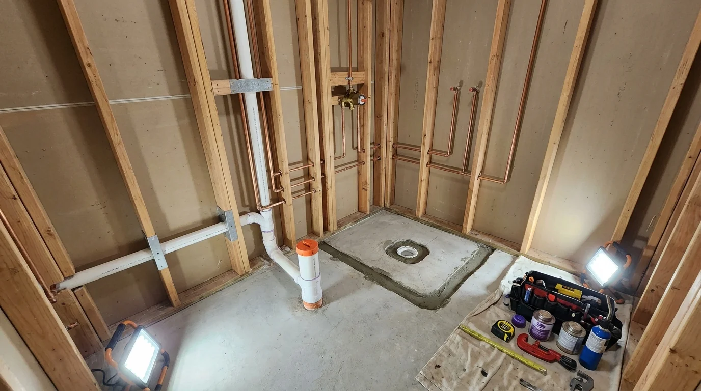 Bathroom rough-in plumbing during remodel by Johns Plumbing LLC in La Harpe