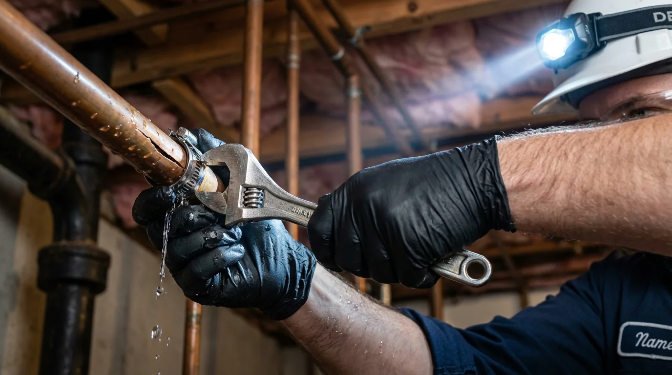 Emergency pipe clamp repair being performed by a Johns Plumbing LLC plumber in La Harpe