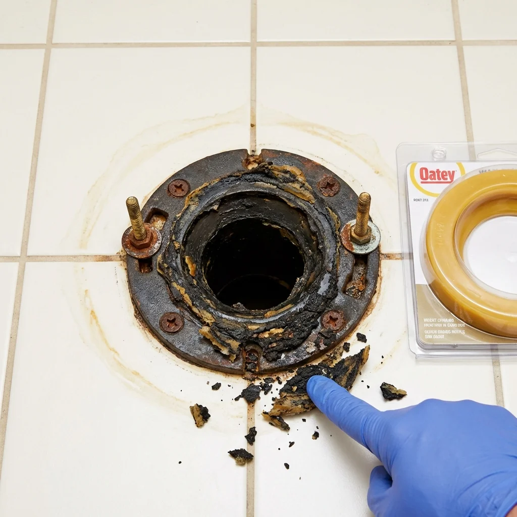 Failed wax ring showing water seepage at the base of a toilet in a La Harpe, IL home