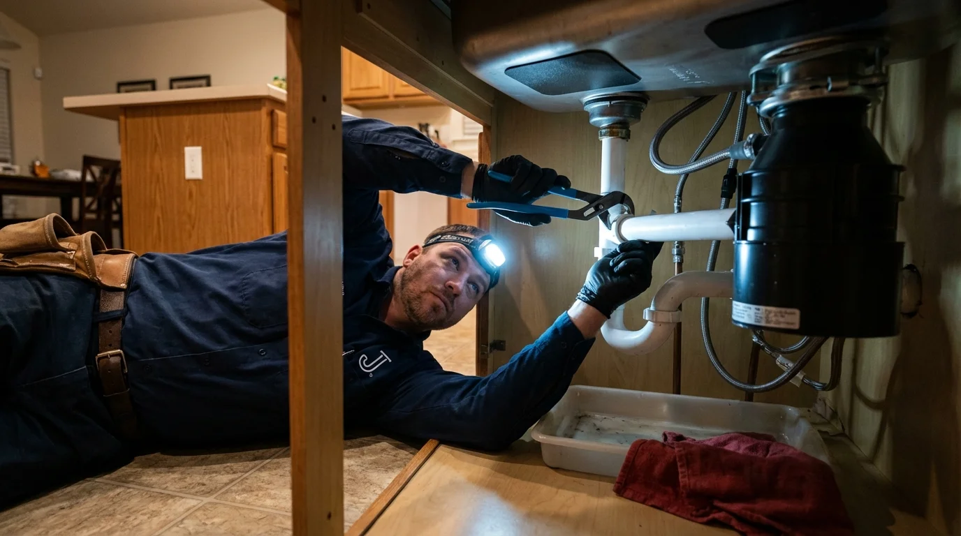 P-trap and supply line connections under a kitchen sink showing a common leak point in La Harpe, IL